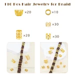 110 Pcs Gold Hair Jewelry for Braids and Dreadlocks - Metal Rings, Cuffs, Clips Accessory Decorations - Golden Yellow 4