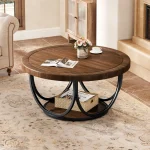 Tribesigns Round Coffee Table with 2 Tiers, 80 cm Wooden Circle Accent Cocktail Table with Storage Shelf and Metal Frame 2