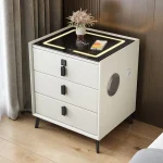 Luxurious Solid Wood Nightstand Three-Drawer Smart Bedside Table Compact Bedroom Leather Accents Integrated Wireless Charging 6