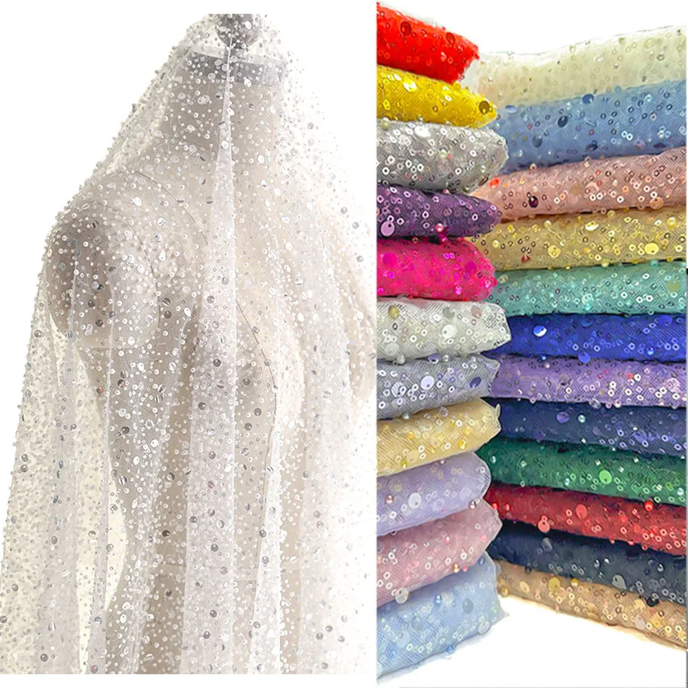 French Style Sequin Mesh Lace Fabric Pearl Bead Heavy Craft Tulle Soft Net For Sewing Women Luxury Dress Robe Trailing Trimming French Style Sequin Mesh Lace Fabric Pearl Bead Heavy Craft Tulle Soft Net For Sewing Women Luxury Dress Robe Trailing Trimming