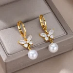 Butterfly Zircon Stainless Steel Pearl Earrings For Women Gold Plated Piercing Earring Aesthetic Luxury Jewelry Gift 2023 New 5
