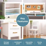 Kids Wooden Desk & Chair Set with Hutch Storage Shelves Drawers Corkboard Study Workstation for Bedroom, Customized 4