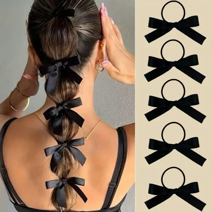 5 pieces of black, cute, bow-decorated hair ties for girls | Ideal for everyday casual use and as a festive gift accessory.