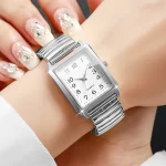 Fashion Rectangle Women Watches  Simple Arabic Dial Elastic Strap Quartz Wristwatch for Reloj Mujer Girls Clock (Without Box) 4