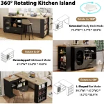 72in Swiveling Kitchen Island with Storage, Seating, and Shelves - Black Oak Mobile Cart for Dining & Home Bar 4