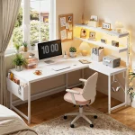 Reversible L Shaped Desk Computer Desk with LED Light & Power Outlet Gaming Desk with Shelf & Storage Bag & Hook for Home Office 3