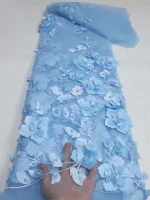 2025 Blue 3D Flower Lace Fabric With Pearls High Quality French Embroidery Tulle African Fabric For Wedding Party Dress Sewing
