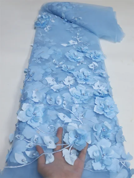 2025 Blue 3D Flower Lace Fabric With Pearls High Quality French Embroidery Tulle African Fabric For Wedding Party Dress Sewing