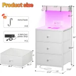 Tall Nightstand Set of 2 with Charging Station and Led Lights Nightstand with 3 Drawers and Shelves Bedside Table with Ports an 3