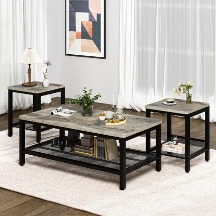 3 Piece Living Room Table Set Industrial Coffee Table with 2 Square End Tables Metal Frame for Apartment Home Office ,Customized