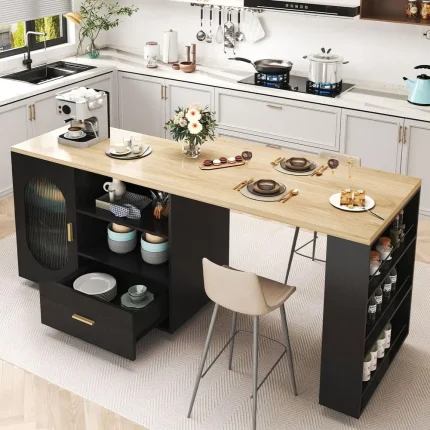 72in Swiveling Kitchen Island with Storage, Seating, and Shelves - Black Oak Mobile Cart for Dining & Home Bar