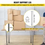 SucceBuy Hairpin Table Legs Black Set of 4 Desk Legs 3 Rods for Bench Desk Dining Chairs Carbon Steel DIY Heavy Duty Furniture 3