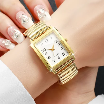 Fashion Rectangle Women Watches  Simple Arabic Dial Elastic Strap Quartz Wristwatch for Reloj Mujer Girls Clock (Without Box)