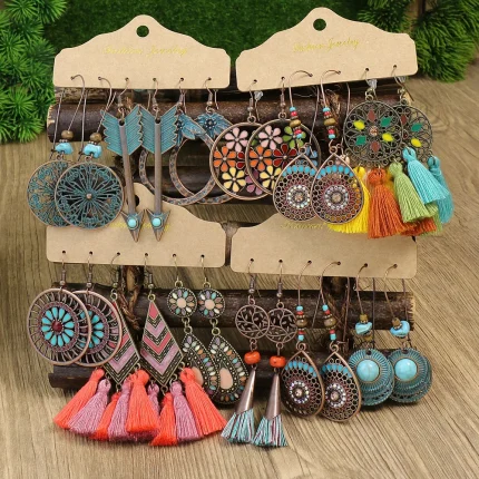 Colorful Tassels Earrings Set Ethnic Women Geometric Round Bronze Metal Drop Vintage Boho Wholesale Jewelry Party Gifts