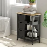 Rolling Kitchen Island Cart, Bar Serving Cart, Compact Trolley on Wheels with Wood Top, Shelves & Drawers for Home Dining Area