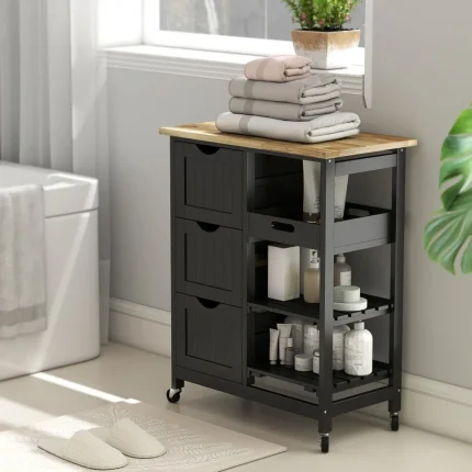 Rolling Kitchen Island Cart, Bar Serving Cart, Compact Trolley on Wheels with Wood Top, Shelves & Drawers for Home Dining Area
