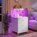 Tall Nightstand Set of 2 with Charging Station and Led Lights Nightstand with 3 Drawers and Shelves Bedside Table with Ports an 2
