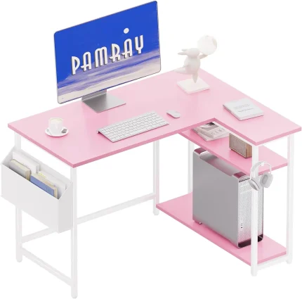 40 Inch L-Shaped Corner Desk with Reversible Shelves, Pink Home Office Study Table for Small Spaces