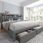 Full/Queen/King Bed Frame with 2-Tier Storage Headboard & 2 Storage Drawers Upholstered Platform Bed Frame No Box Spring Needed 2