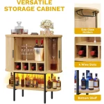 Bar Cabinet with LED Lights, Oval-Shaped Wine Bar Table with 2 Glass Holders, 4 Wine Racks, Open Shelf, Fluted Coffee Bar Liquo 5