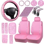 24 PCS Pink Bling Diamond Accessories Set for Women Leather Seat Covers 15'' Steering Wheel Cover Shining Rhinestone Sparkly Ho