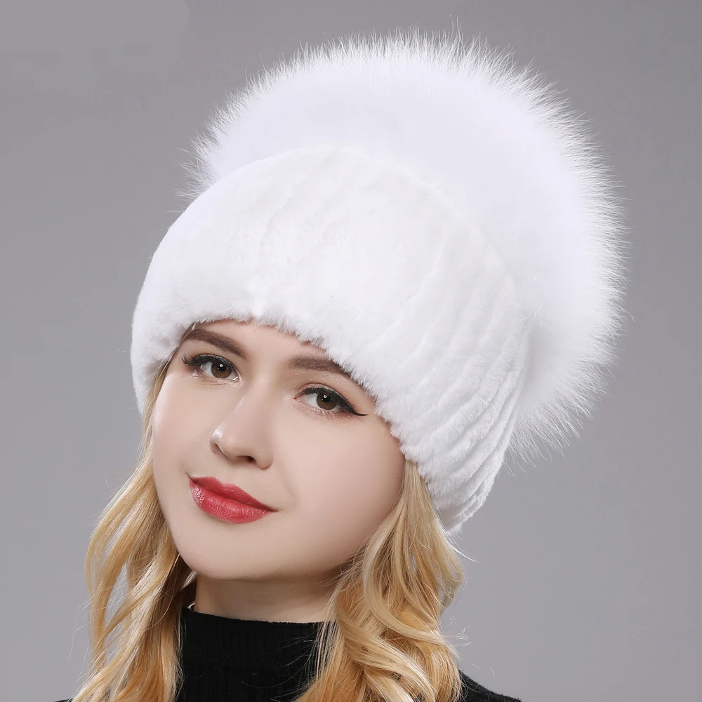 Women’s Genuine Fox and Rex Rabbit Fur Beanie Hat, Elastic Fit Winter Skullies - Image 1