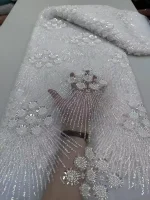 African Heavy Beaded Lace Fabric 2025 High Quality Nigerian Sequin Pearl Lace French Tulle Fabric For Wedding Party Dress Sewing 4