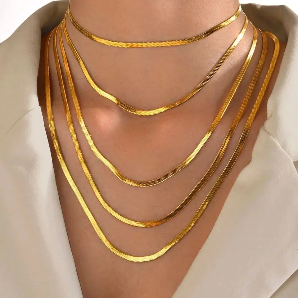Gold Color Stainless Steel Necklaces For Unisex Waterproof Filmy Snake Chain Herringbone Choker Men Necklace Women Jewelry Gift Gold Color Stainless Steel Necklaces For Unisex Waterproof Filmy Snake Chain Herringbone Choker Men Necklace Women Jewelry Gift