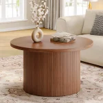 31.5" Round Coffee Table,Tambour Design Coffee Tables,Mid Century Modern Wood Coffee Table,Drum Accent Small Center Table,Walnut 4