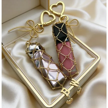 Custom Name 26 Alphabet Heart Key Chain Ins Style Gold Stainless Steel Metal Net Pocket Lipstick Bag Keychain Bag Accessories