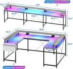 U Shaped Gaming Desk with Monitor Stand Storage Shelves, Corner Computer Desk with 2 Power Outlet Adjustable RGB Color LED Light 4