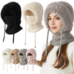 Women 3-in-1 Hooded Fleece Lined Knit Hat Set with Scarf and Mask for Winter