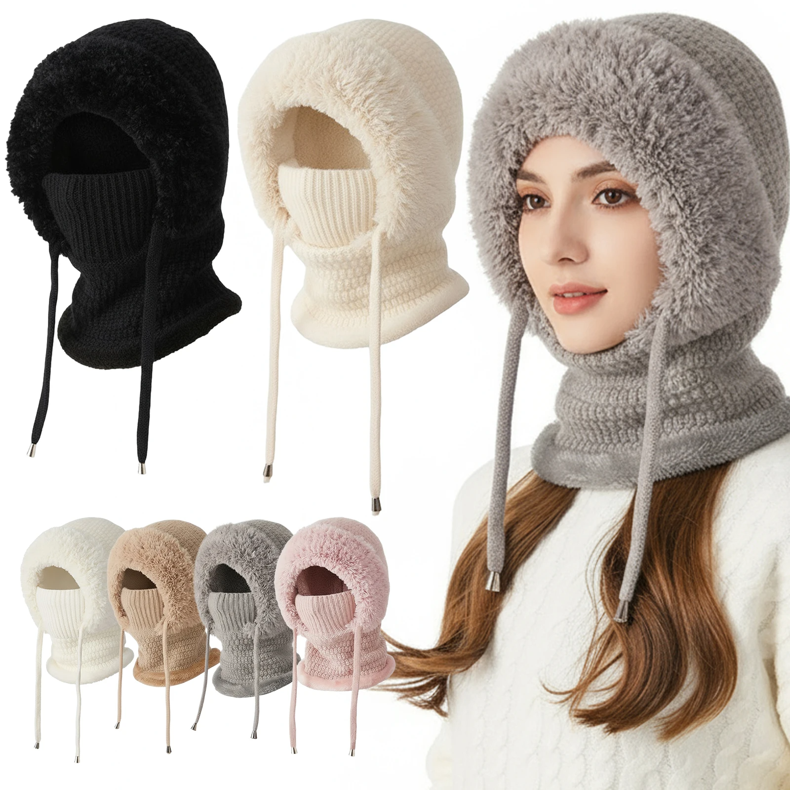 Women 3-in-1 Hooded Fleece Lined Knit Hat Set with Scarf and Mask for Winter - Image 1