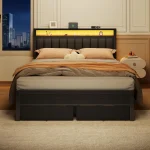 Bed Frame with Charging Station and LED Lights, Grey Upholstered Headboard with Shelves, Metal Platform Bed, Customized 4