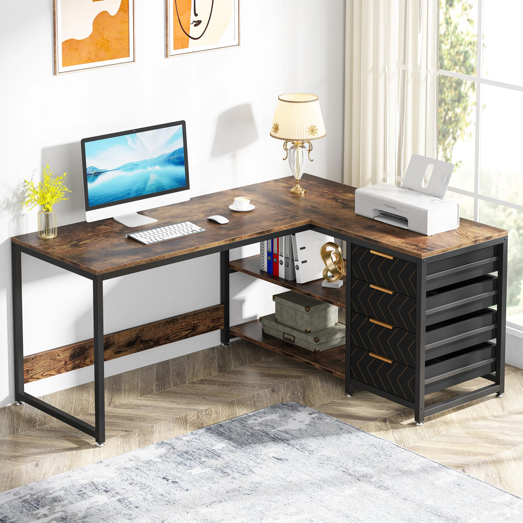 Tribesigns L Shaped Computer Desk with Storage Drawers, 59 inch Corner Desk with Shelves, Reversible L-Shaped Office Desk Study Tribesigns L Shaped Computer Desk with Storage Drawers, 59 inch Corner Desk with Shelves, Reversible L-Shaped Office Desk Study
