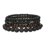 4Pcs/Set Black Gall Stone Volcanic Stone Wood Beads Multi-layer Men's Combination Elastic Bracelet For Couple Friends Jewelry 3