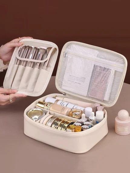 New PU leather makeup bag with large capacity, portable, and high-end outdoor feel, layered and multi-layer waterproof makeup ca