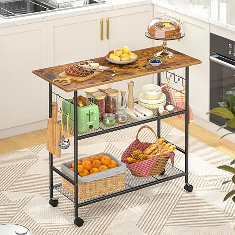 Rolling Kitchen Island Cart with 3 Shelves & 6 Hooks, Microwave Stand with Lockable Wheels, Metal Frame for Dining Living Room Rolling Kitchen Island Cart with 3 Shelves & 6 Hooks, Microwave Stand with Lockable Wheels, Metal Frame for Dining Living Room