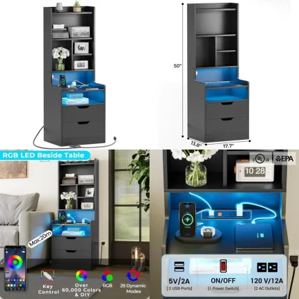 Charging Station Nightstand with LED Lights, Bookshelf, Drawers & Power Outlet for Bedside Storage