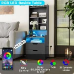 Charging Nightstand Set of 2 with LED Lights,Tall Night Stand with Bookshelf,Bedside Table with Drawers 3