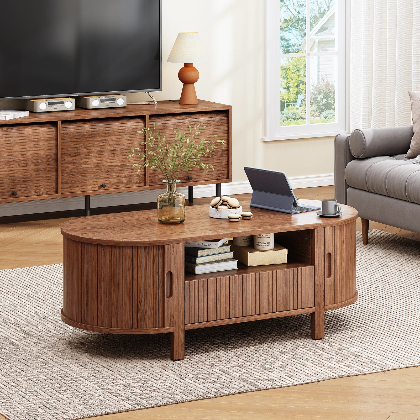 Oval Coffee Table, 47 Inch Fluted Coffee Tables with Cabinets & Sliding Doors, Mid-Century Modern Center Table with Storage Oval Coffee Table, 47 Inch Fluted Coffee Tables with Cabinets & Sliding Doors, Mid-Century Modern Center Table with Storage