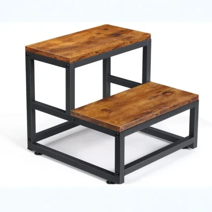 Metal Iron & Wood 2-Step Stool Sturdy Rise Footstool for Kids Household Multi-function Ladder Entryway Shoe Stool & Organizer