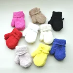 1-3Y Children Winter Thickened Plush with Rope Warm Gloves For Boys Girls New Solid Velvet Mittens Outdoor Cycling Skiing Gloves 2