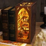 DIY Book Nook Shelf Insert Kit 3D Wooden Puzzle Doll House Assembly Building Model Bookends With Furniture LED Light Xmas Gifts 4