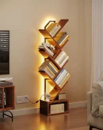 6-Tier Narrow LED Bookshelf with Cabinet, Vintage Wood & Steel Storage for Small Spaces, Home Decor 2