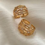 Nwe 18 K Gold Plated Sun Rings for Women Natural Stone Inlaid in Hollow Metal Texture Ring Trendy Jewelry 5