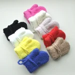 1-3Y Children Winter Thickened Plush with Rope Warm Gloves For Boys Girls New Solid Velvet Mittens Outdoor Cycling Skiing Gloves 3