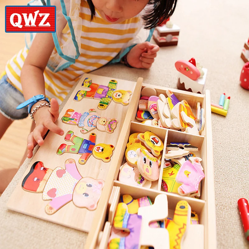 QWZ Little Bear Change Clothes Children's Early Education Wooden Jigsaw Puzzle Dressing Game Baby Puzzle Toys For Children Gift QWZ Little Bear Change Clothes Children's Early Education Wooden Jigsaw Puzzle Dressing Game Baby Puzzle Toys For Children Gift