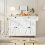 Kitchen Island with Power Outlet,43.3 Rolling Kitchen Island with Storage, Rolling Cart with Spice Rack and Hooks 6