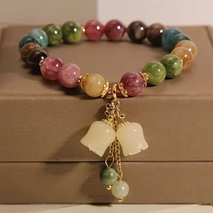Exquisite Natural Stone Bracelet Elegant Lily of The Valley Flower Pendant Elastic Beaded Bracelets for Women Party Jewelry Gift